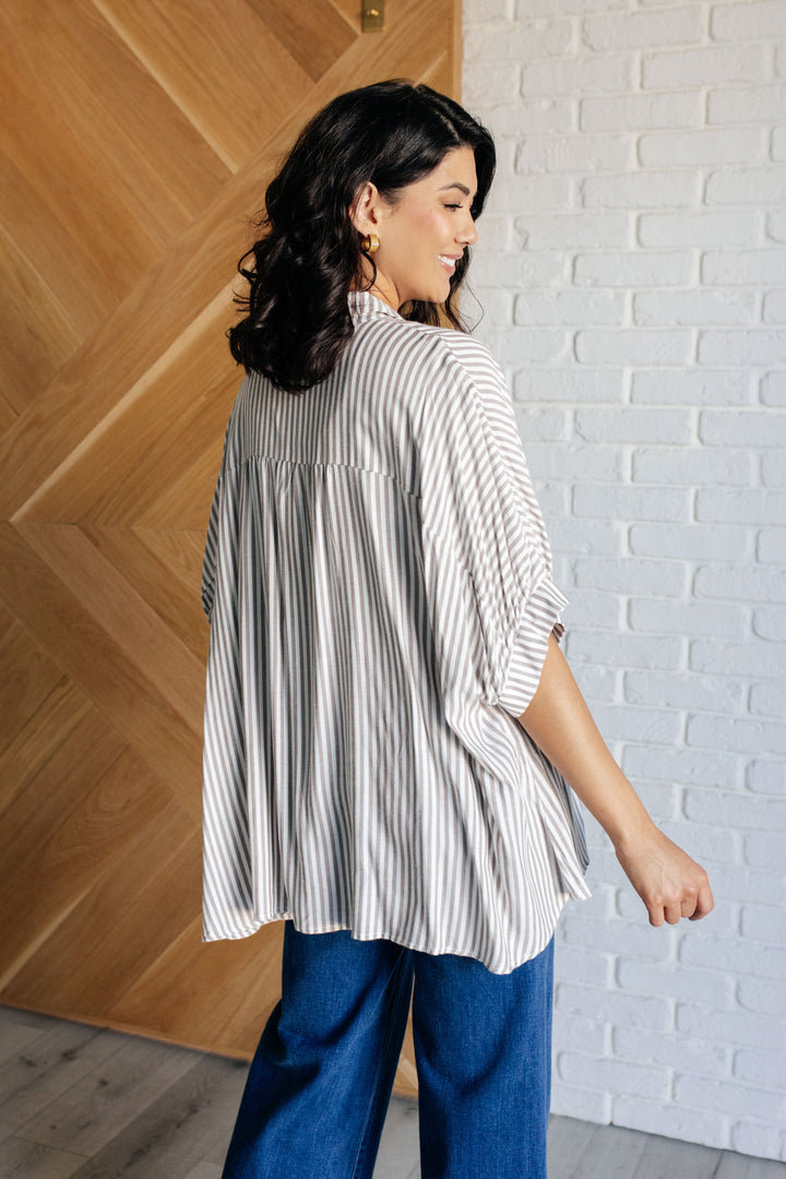 Boxy Striped Button Up in Mocha-100 Short Sleeve Tops-Inspired by Justeen-Women's Clothing Boutique