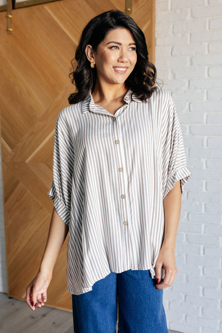 Boxy Striped Button Up in Mocha-100 Short Sleeve Tops-Inspired by Justeen-Women's Clothing Boutique