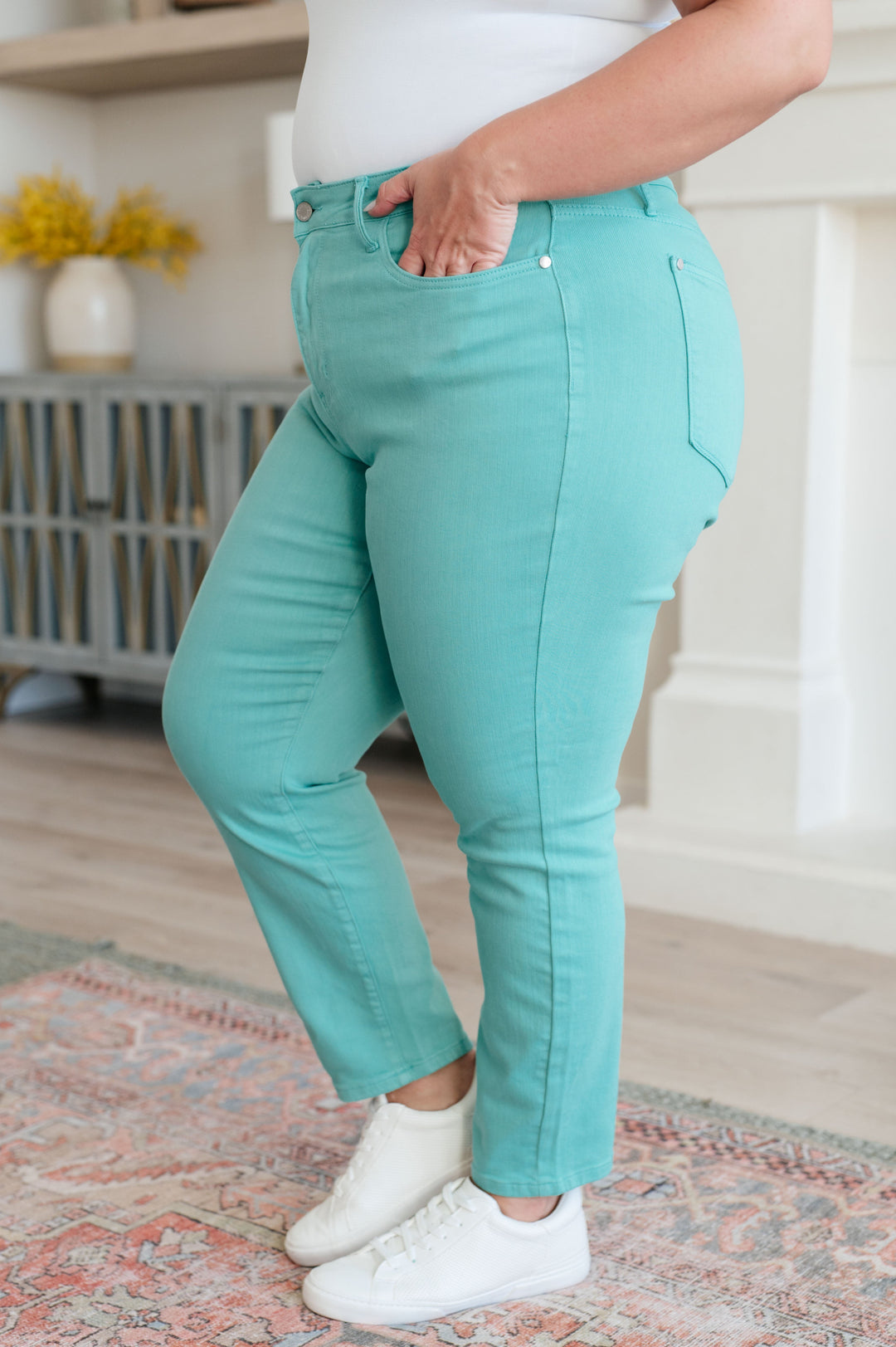 Bridgette High Rise Garment Dyed Slim Jeans in Aquamarine-Denim-Inspired by Justeen-Women's Clothing Boutique