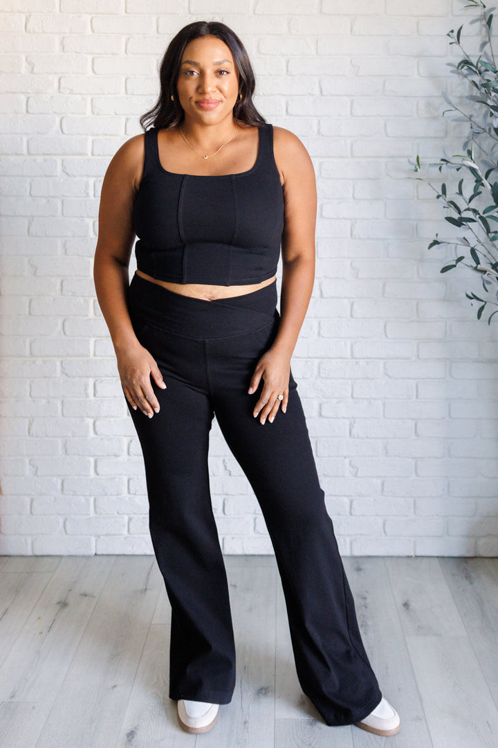 Building Habits Twill Flared Crossover Waist Pant in Black-Pants-Inspired by Justeen-Women's Clothing Boutique