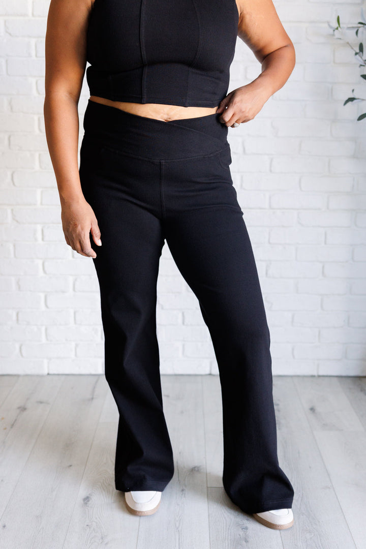 Building Habits Twill Flared Crossover Waist Pant in Black-Pants-Inspired by Justeen-Women's Clothing Boutique