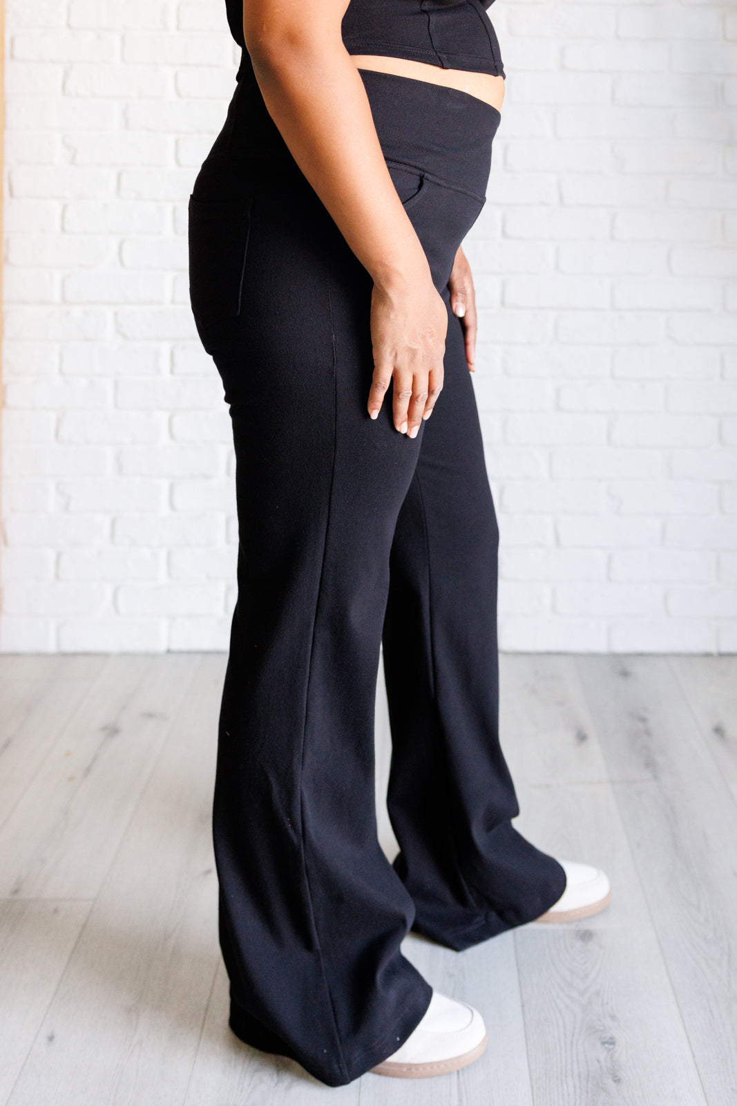 Building Habits Twill Flared Crossover Waist Pant in Black-Pants-Inspired by Justeen-Women's Clothing Boutique