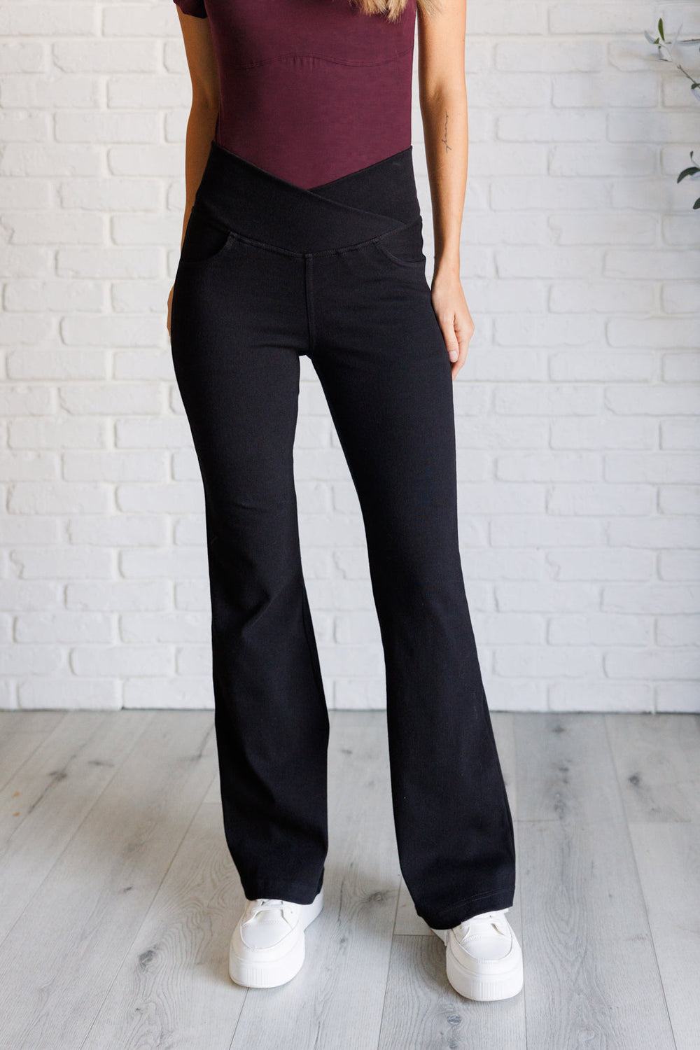 Building Habits Twill Flared Crossover Waist Pant in Black-Pants-Inspired by Justeen-Women's Clothing Boutique