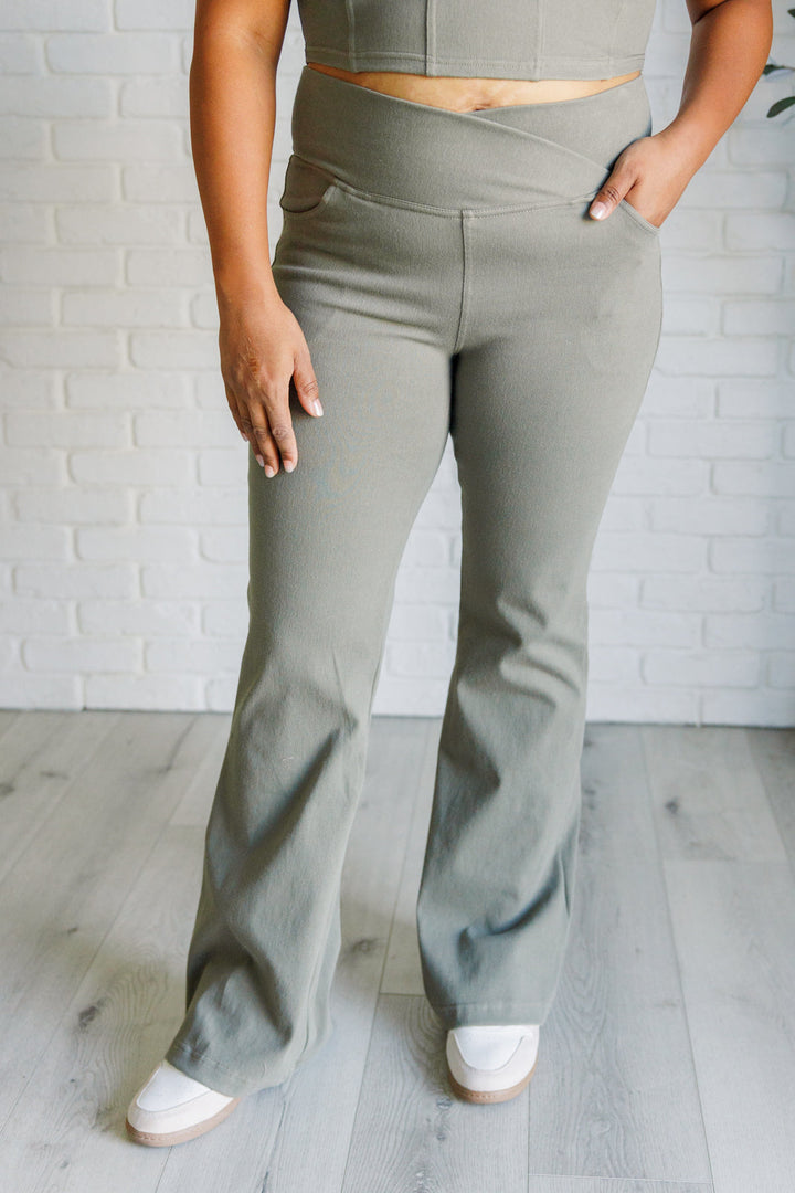 Building Habits Twill Flared Crossover Waist Pant in Dusty Olive-Pants-Inspired by Justeen-Women's Clothing Boutique