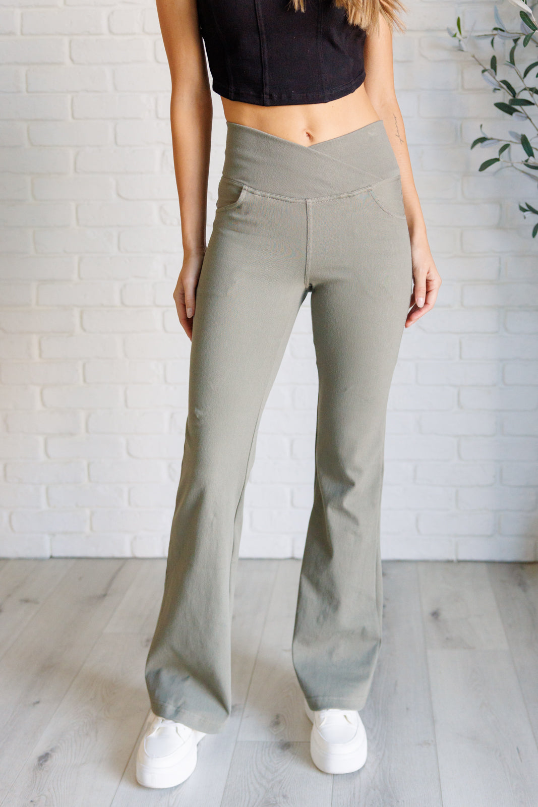 Building Habits Twill Flared Crossover Waist Pant in Dusty Olive-Pants-Inspired by Justeen-Women's Clothing Boutique