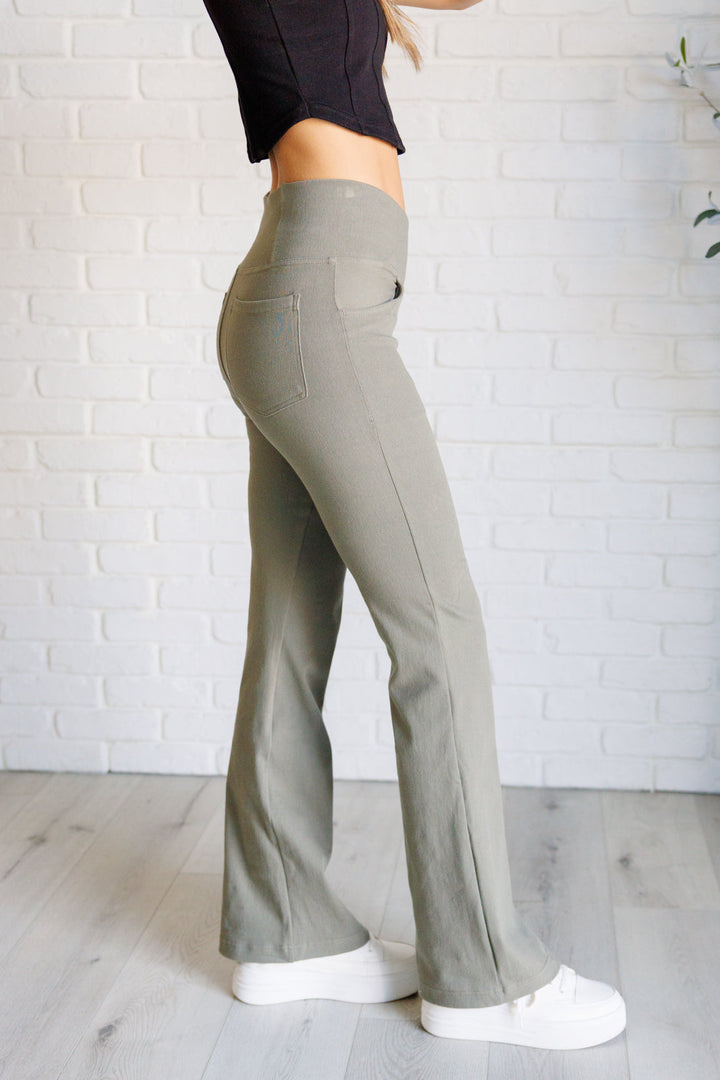 Building Habits Twill Flared Crossover Waist Pant in Dusty Olive-Pants-Inspired by Justeen-Women's Clothing Boutique