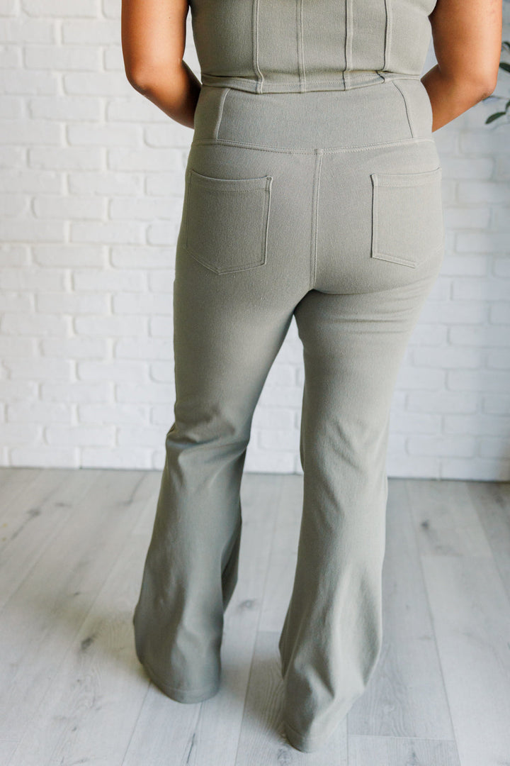 Building Habits Twill Flared Crossover Waist Pant in Dusty Olive-Pants-Inspired by Justeen-Women's Clothing Boutique