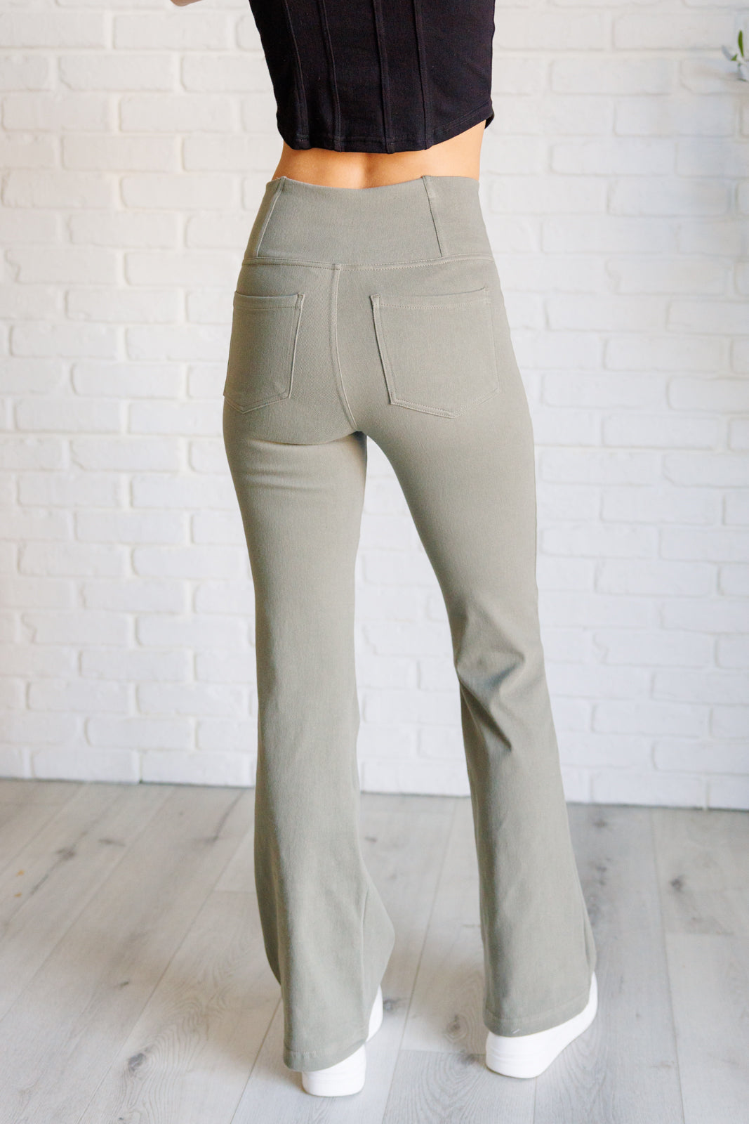 Building Habits Twill Flared Crossover Waist Pant in Dusty Olive-Pants-Inspired by Justeen-Women's Clothing Boutique