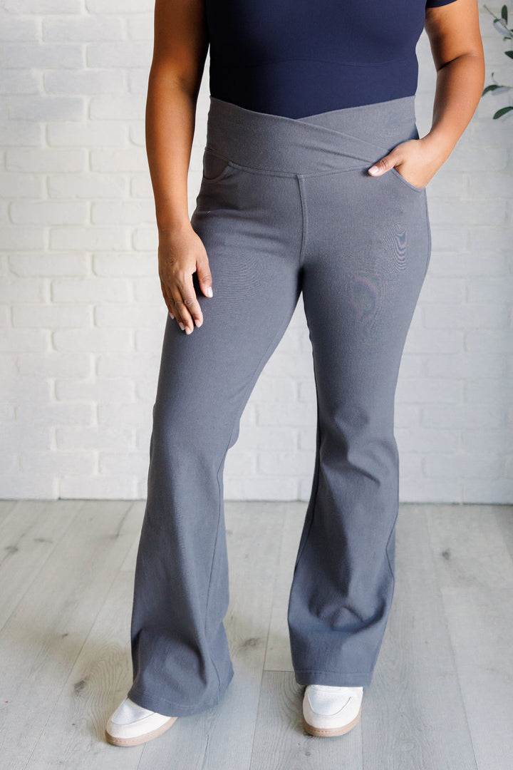 Building Habits Twill Flared Crossover Waist Pant in Titanium-Pants-Inspired by Justeen-Women's Clothing Boutique