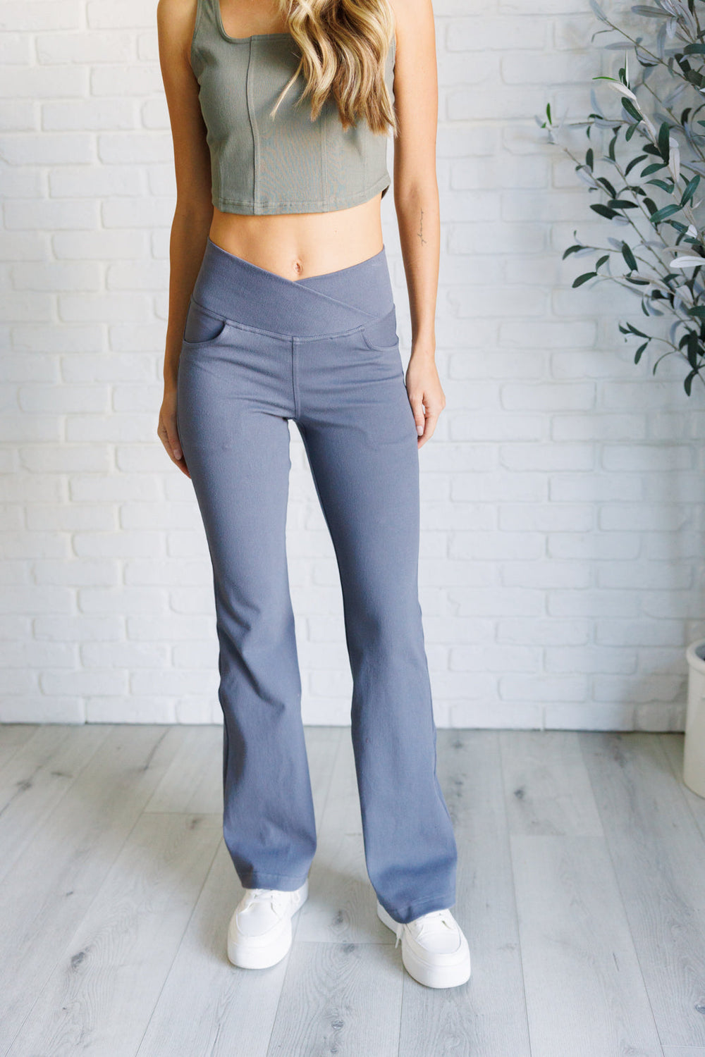 Building Habits Twill Flared Crossover Waist Pant in Titanium-Pants-Inspired by Justeen-Women's Clothing Boutique