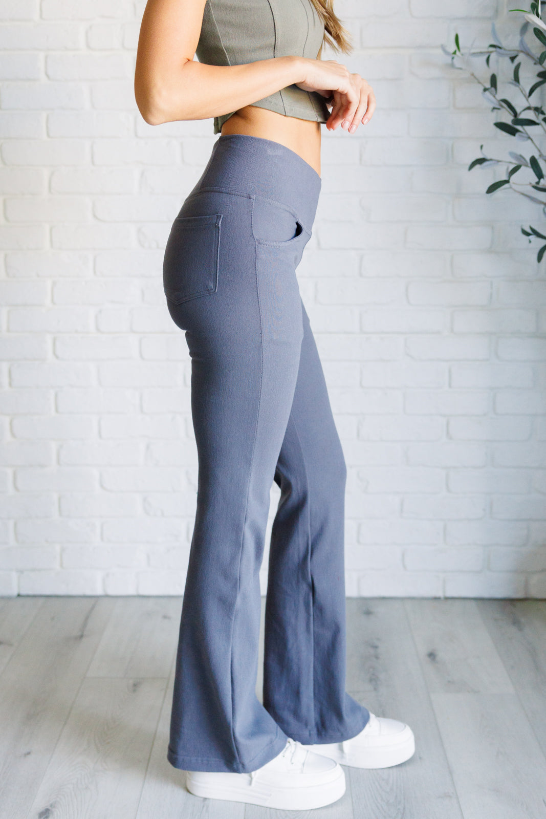 Building Habits Twill Flared Crossover Waist Pant in Titanium-Pants-Inspired by Justeen-Women's Clothing Boutique