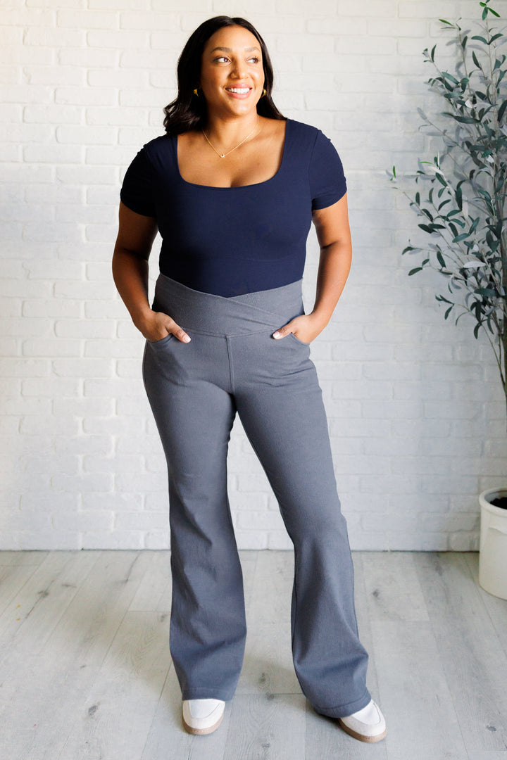 Building Habits Twill Flared Crossover Waist Pant in Titanium-Pants-Inspired by Justeen-Women's Clothing Boutique