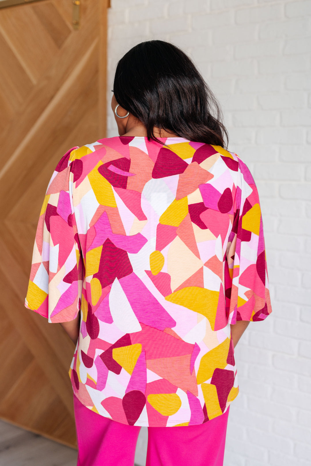 Cali Blouse in Magenta and Mustard Abstract-Short Sleeve Tops-Inspired by Justeen-Women's Clothing Boutique