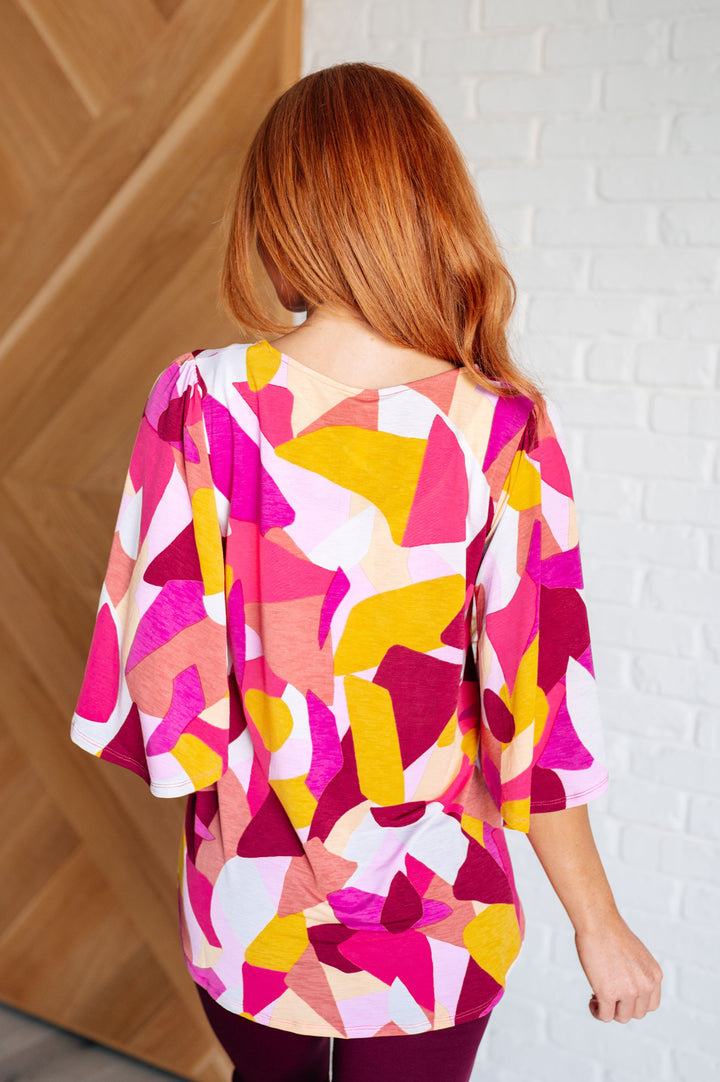 Cali Blouse in Magenta and Mustard Abstract-Short Sleeve Tops-Inspired by Justeen-Women's Clothing Boutique