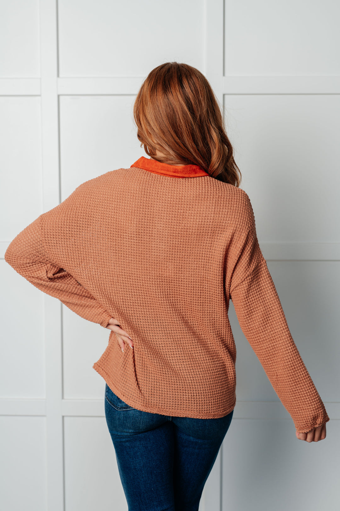 Can't Imagine Why Waffle Knit Contrast Trim Top-110 Long Sleeve Tops-Inspired by Justeen-Women's Clothing Boutique