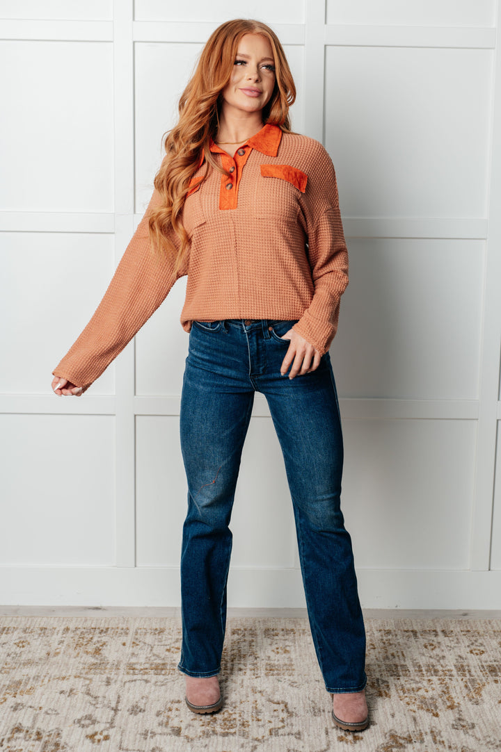 Can't Imagine Why Waffle Knit Contrast Trim Top-110 Long Sleeve Tops-Inspired by Justeen-Women's Clothing Boutique