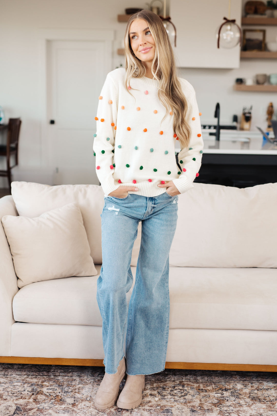 Candy Buttons Pom Detail Sweater-Sweaters/Sweatshirts-Inspired by Justeen-Women's Clothing Boutique