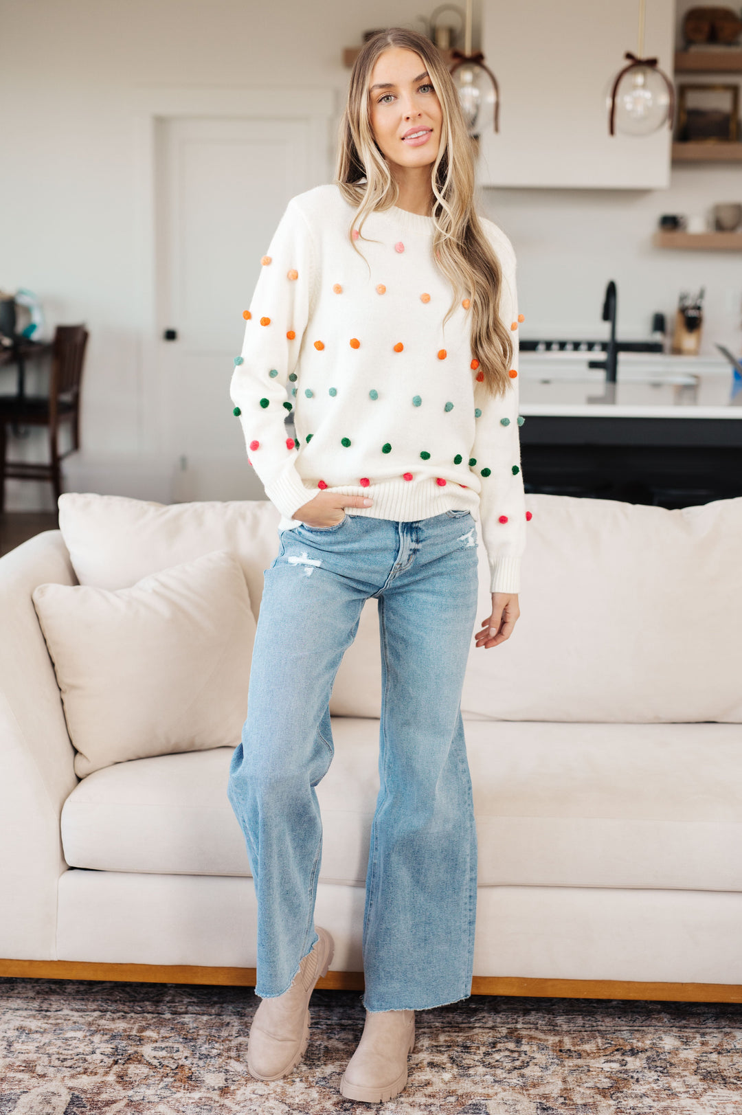 Candy Buttons Pom Detail Sweater-Sweaters/Sweatshirts-Inspired by Justeen-Women's Clothing Boutique