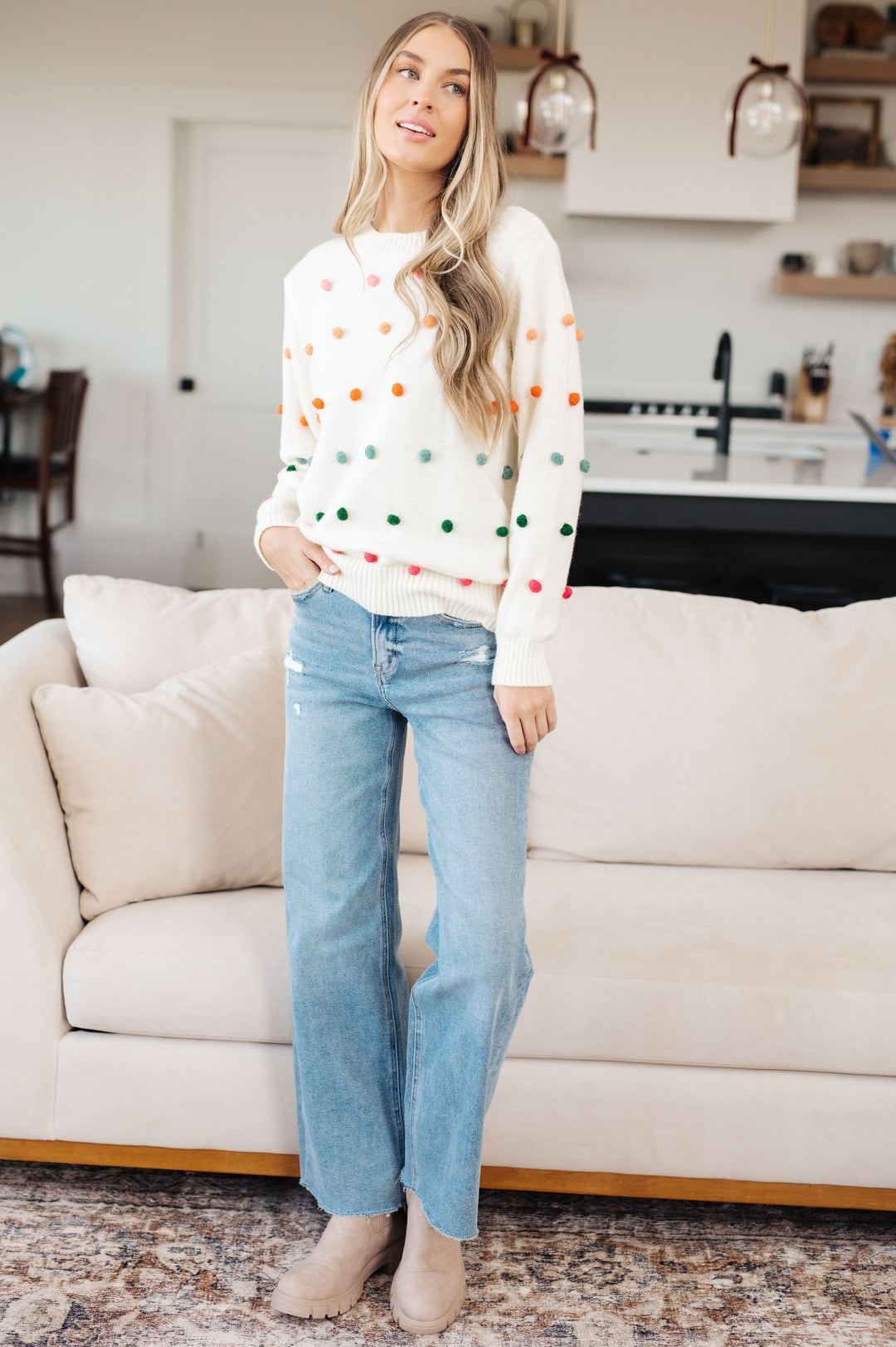 Candy Buttons Pom Detail Sweater-Sweaters/Sweatshirts-Inspired by Justeen-Women's Clothing Boutique