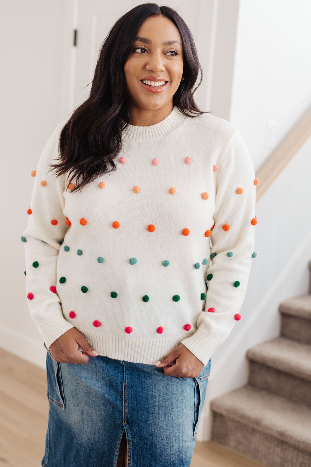 Candy Buttons Pom Detail Sweater-Sweaters/Sweatshirts-Inspired by Justeen-Women's Clothing Boutique in Chicago, Illinois