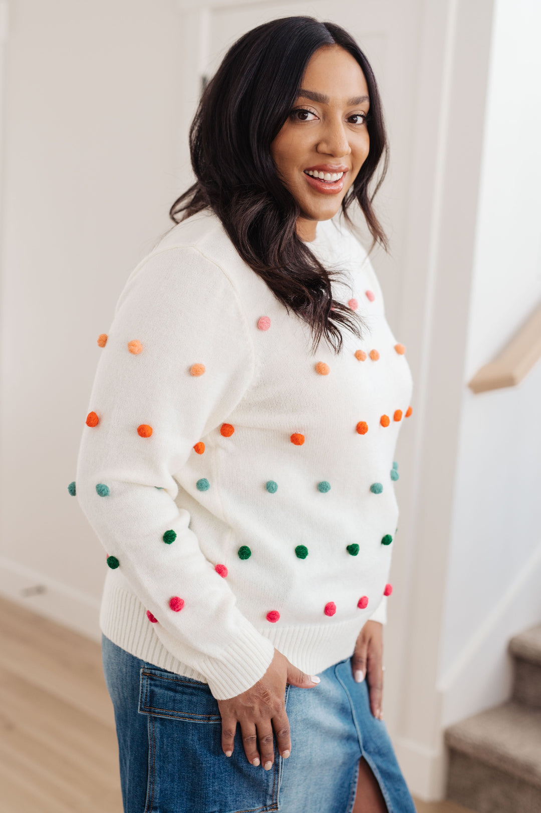 Candy Buttons Pom Detail Sweater-Sweaters/Sweatshirts-Inspired by Justeen-Women's Clothing Boutique in Chicago, Illinois