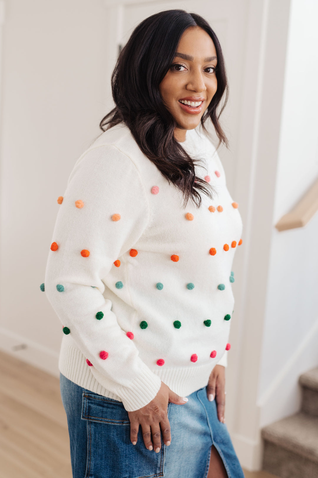 Candy Buttons Pom Detail Sweater-Sweaters/Sweatshirts-Inspired by Justeen-Women's Clothing Boutique