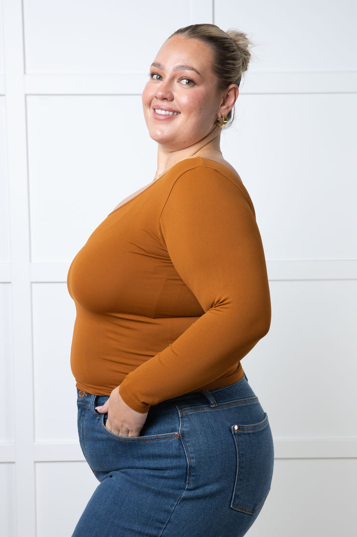 Bring in the Basics Seamless Reversible V-Neck Caramel-110 Long Sleeve Tops-Inspired by Justeen-Women's Clothing Boutique