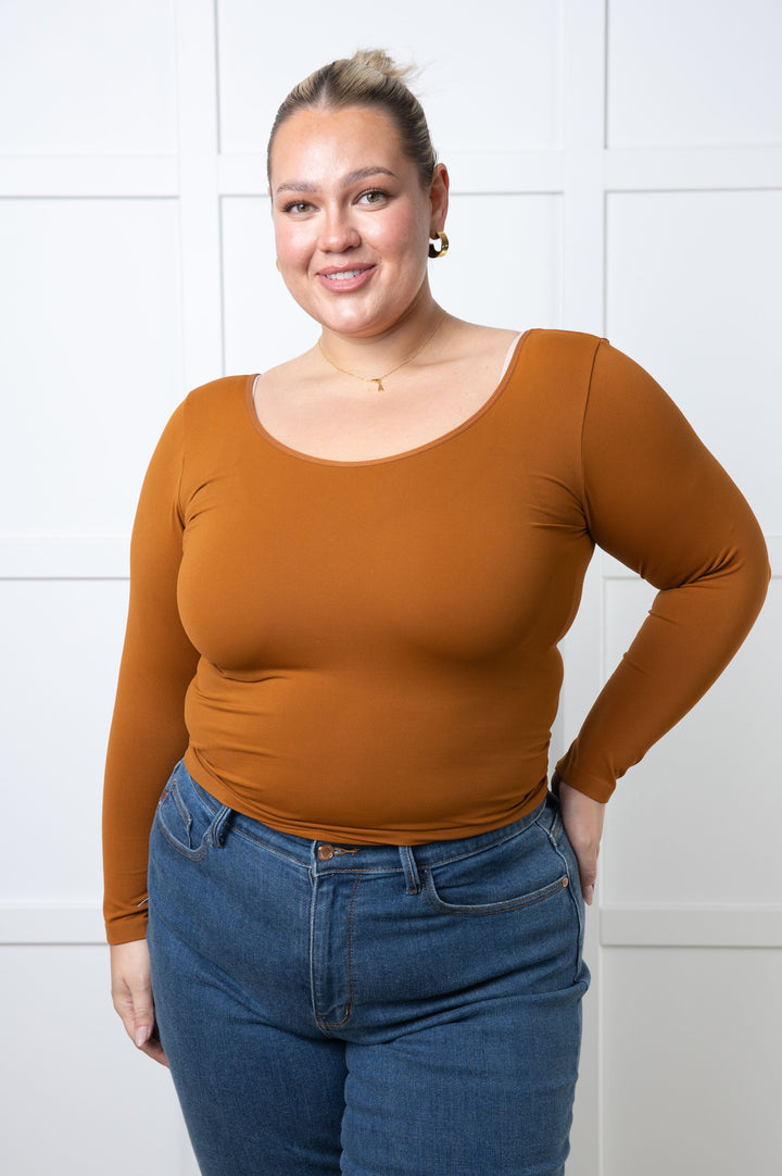 Bring in the Basics Seamless Reversible V-Neck Caramel-110 Long Sleeve Tops-Inspired by Justeen-Women's Clothing Boutique