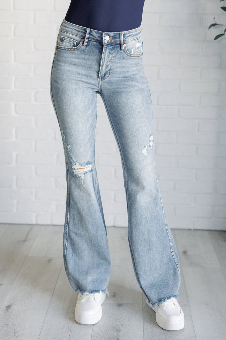 Caroline Mid Rise Control Top Distressed Flare Jeans-Denim-Inspired by Justeen-Women's Clothing Boutique