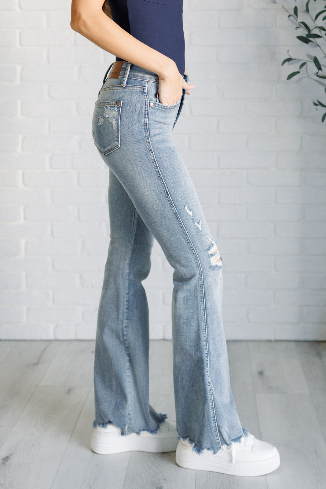 Caroline Mid Rise Control Top Distressed Flare Jeans-Denim-Inspired by Justeen-Women's Clothing Boutique