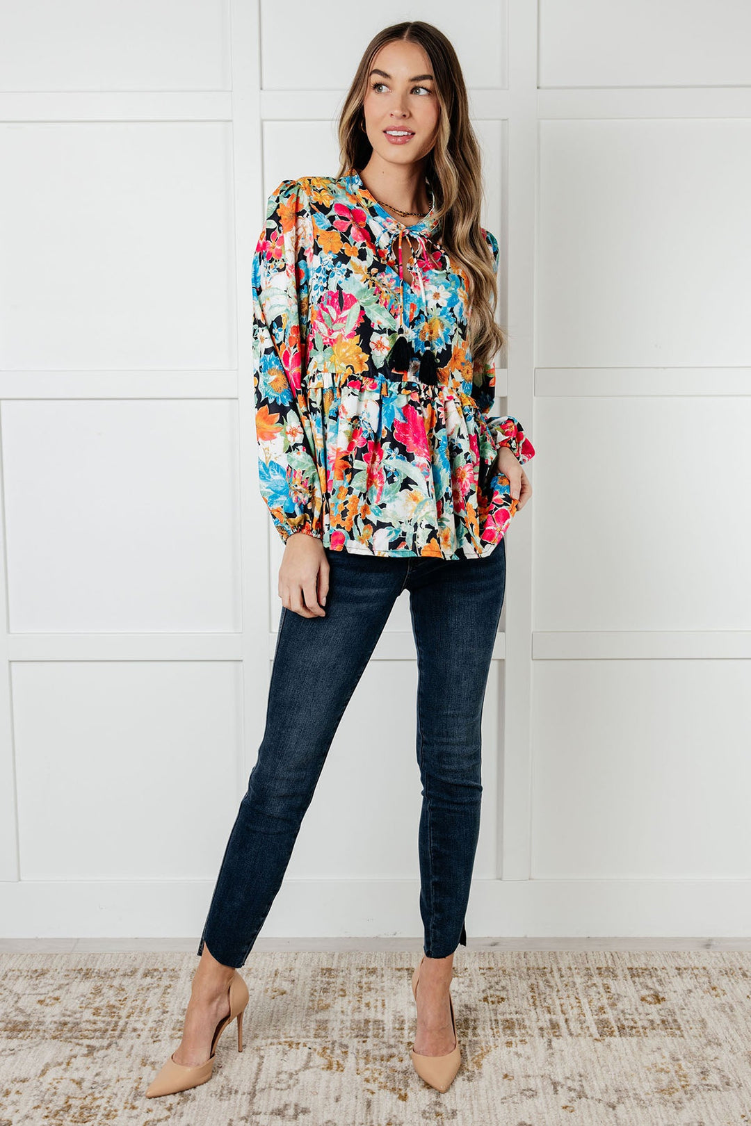 Carry Me Away Floral Peplum Blouse-110 Long Sleeve Tops-Inspired by Justeen-Women's Clothing Boutique