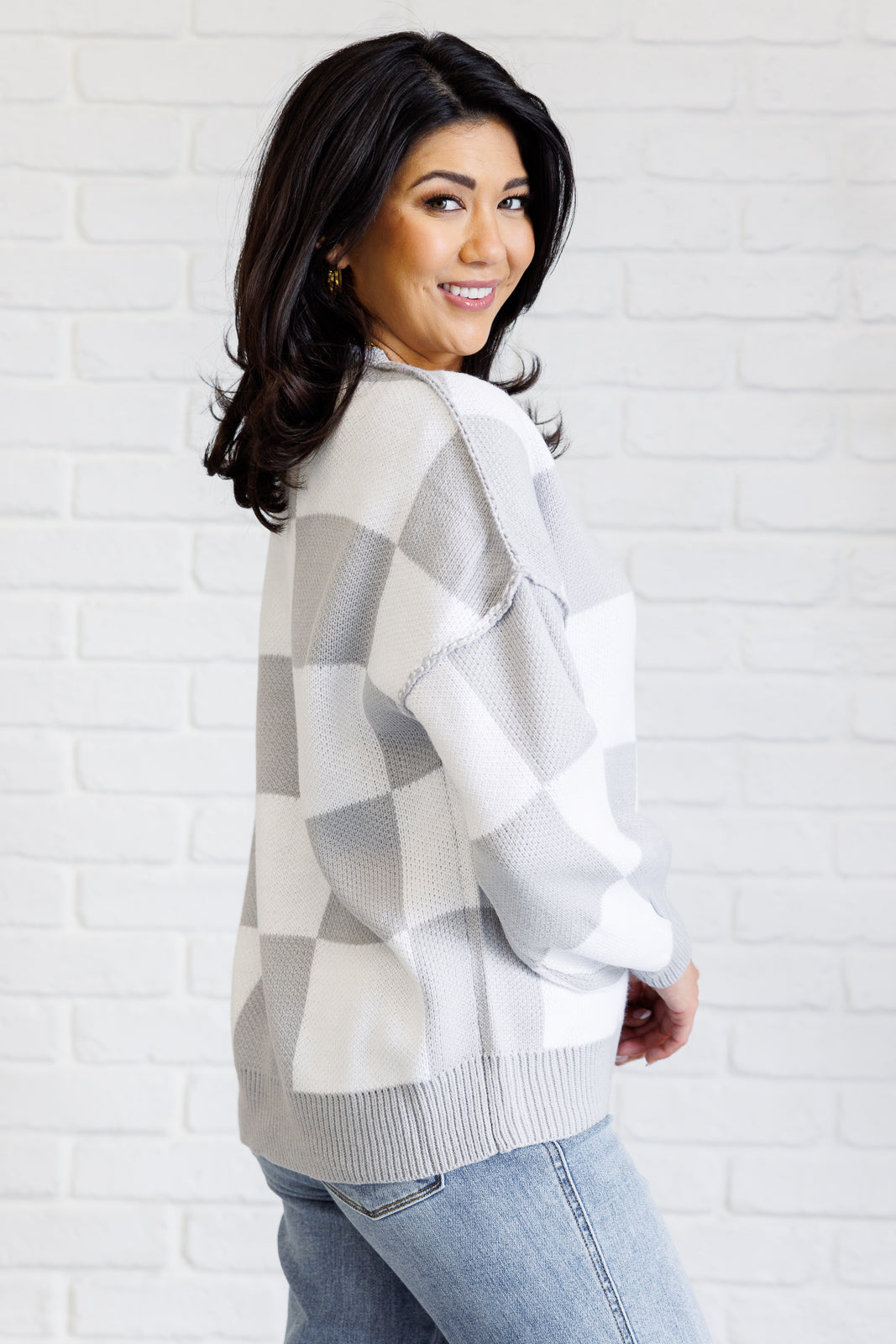 Check Yourself Checkered Sweater in Grey-Sweaters/Sweatshirts-Inspired by Justeen-Women's Clothing Boutique