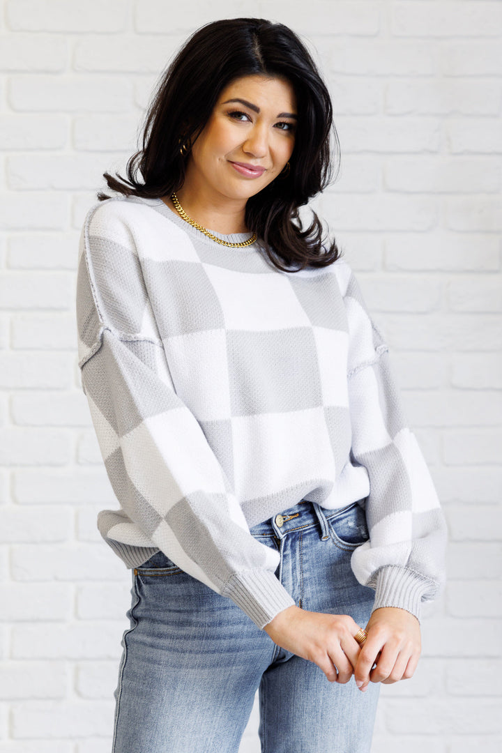 Check Yourself Checkered Sweater in Grey-Sweaters/Sweatshirts-Inspired by Justeen-Women's Clothing Boutique