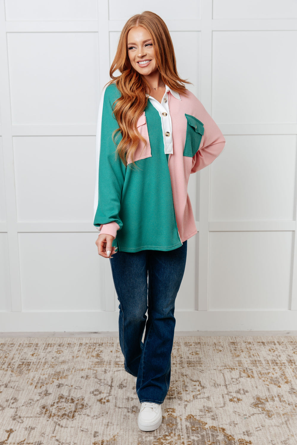 Chip Off the Old Colorblock V-Neck Henley in Green-110 Long Sleeve Tops-Inspired by Justeen-Women's Clothing Boutique