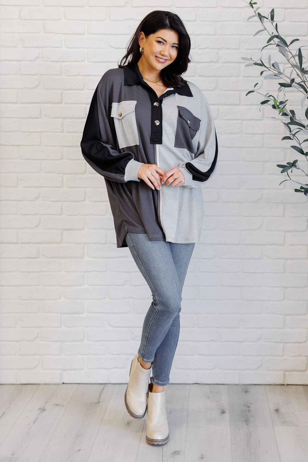 Chip Off the Old Colorblock V-Neck Henley in Grey-110 Long Sleeve Tops-Inspired by Justeen-Women's Clothing Boutique