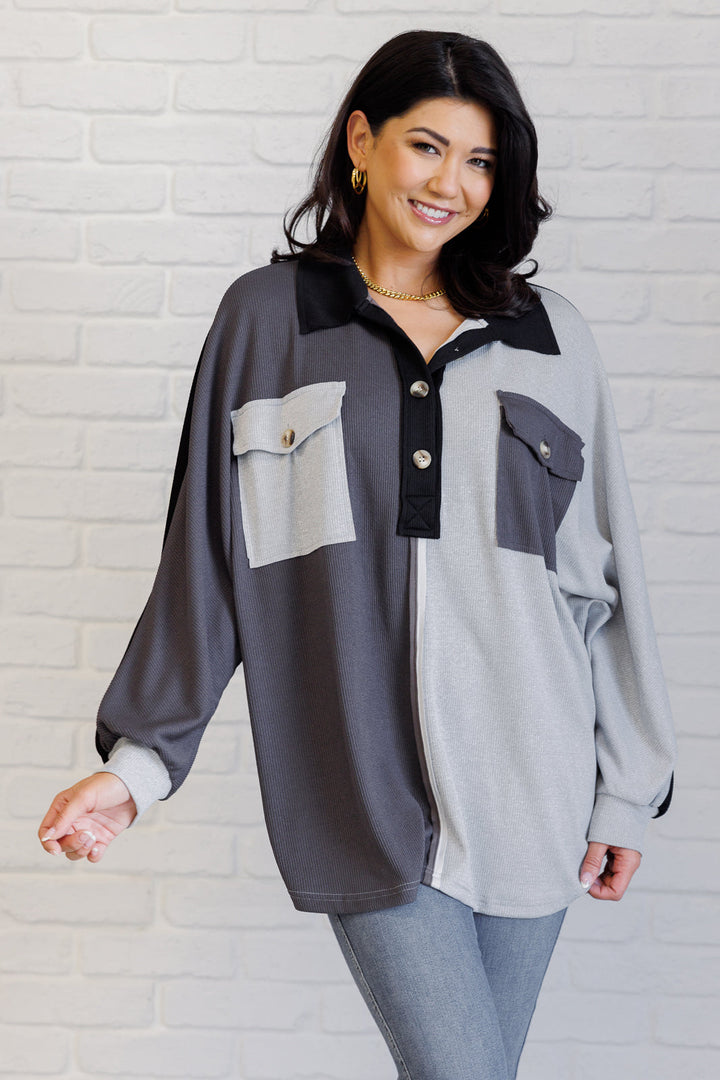 Chip Off the Old Colorblock V-Neck Henley in Grey-110 Long Sleeve Tops-Inspired by Justeen-Women's Clothing Boutique