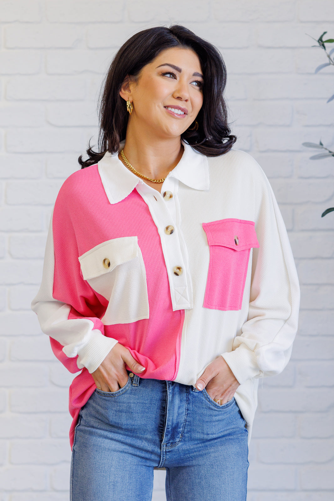 Chip Off the Old Colorblock V-Neck Henley in Pink-Sweaters/Sweatshirts-Inspired by Justeen-Women's Clothing Boutique