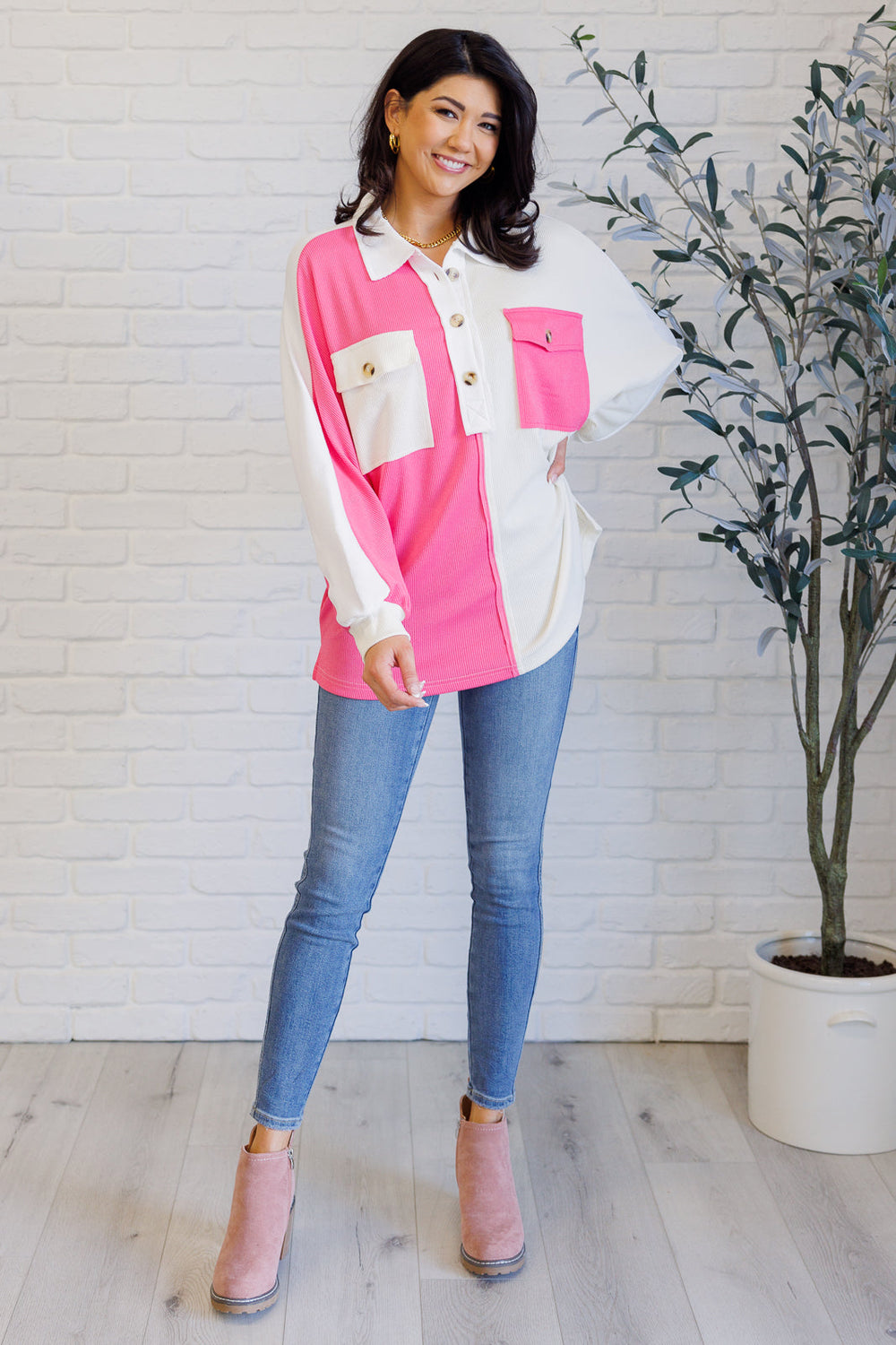 Chip Off the Old Colorblock V-Neck Henley in Pink-Sweaters/Sweatshirts-Inspired by Justeen-Women's Clothing Boutique