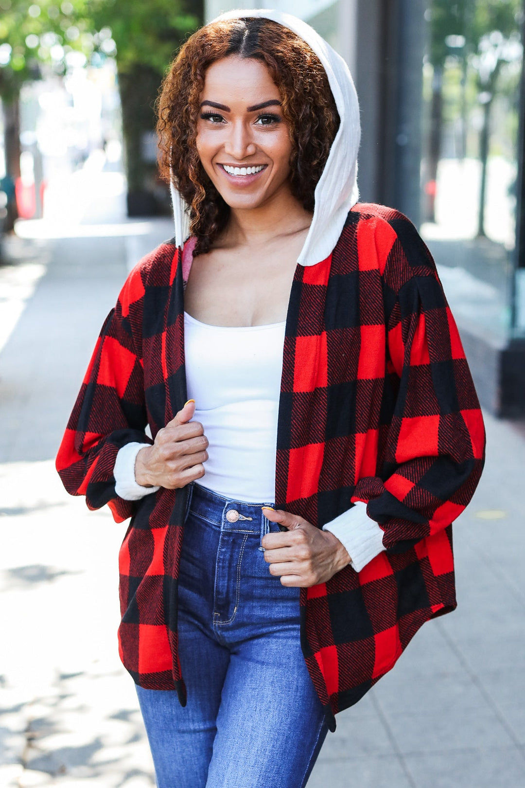 Stepping Out Red Buffalo Plaid Ribbed Hooded Sweater-Inspired by Justeen-Women's Clothing Boutique