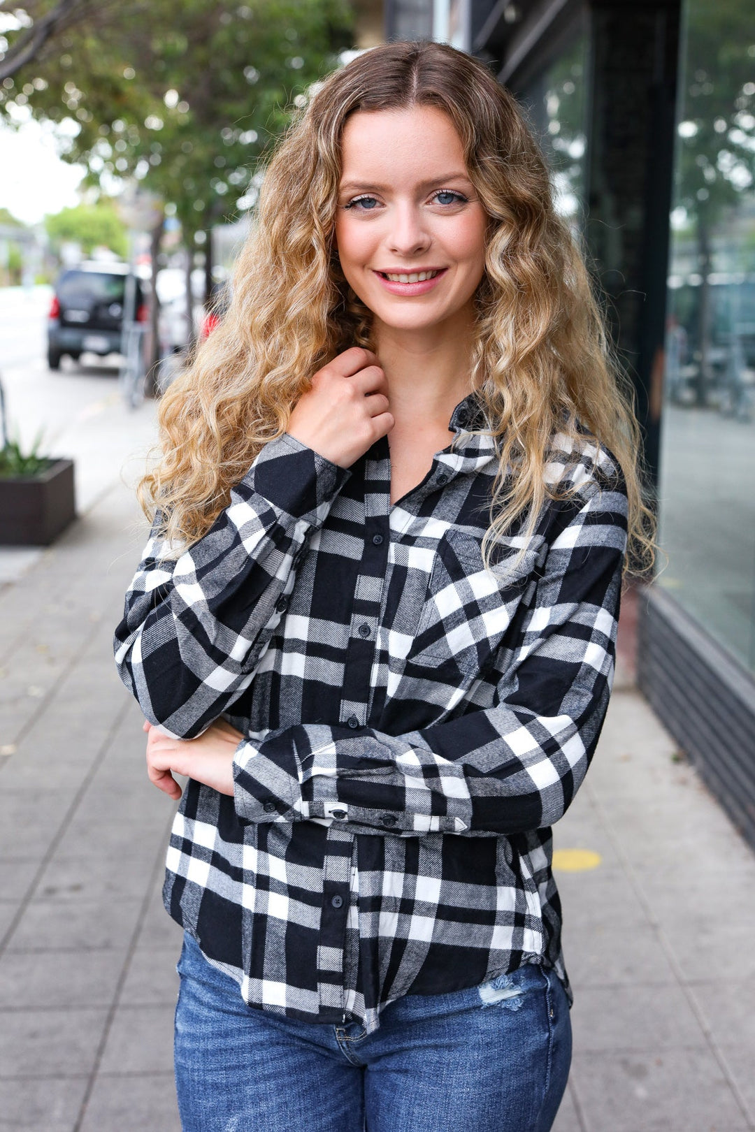 Casual Chic Black Plaid Button Down Long Sleeve Top-110 Long Sleeve Tops-Inspired by Justeen-Women's Clothing Boutique