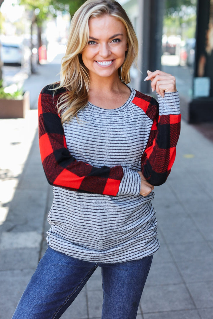 Adorable Red & Grey Striped Plaid Longline Raglan Top-110 Long Sleeve Tops-Inspired by Justeen-Women's Clothing Boutique