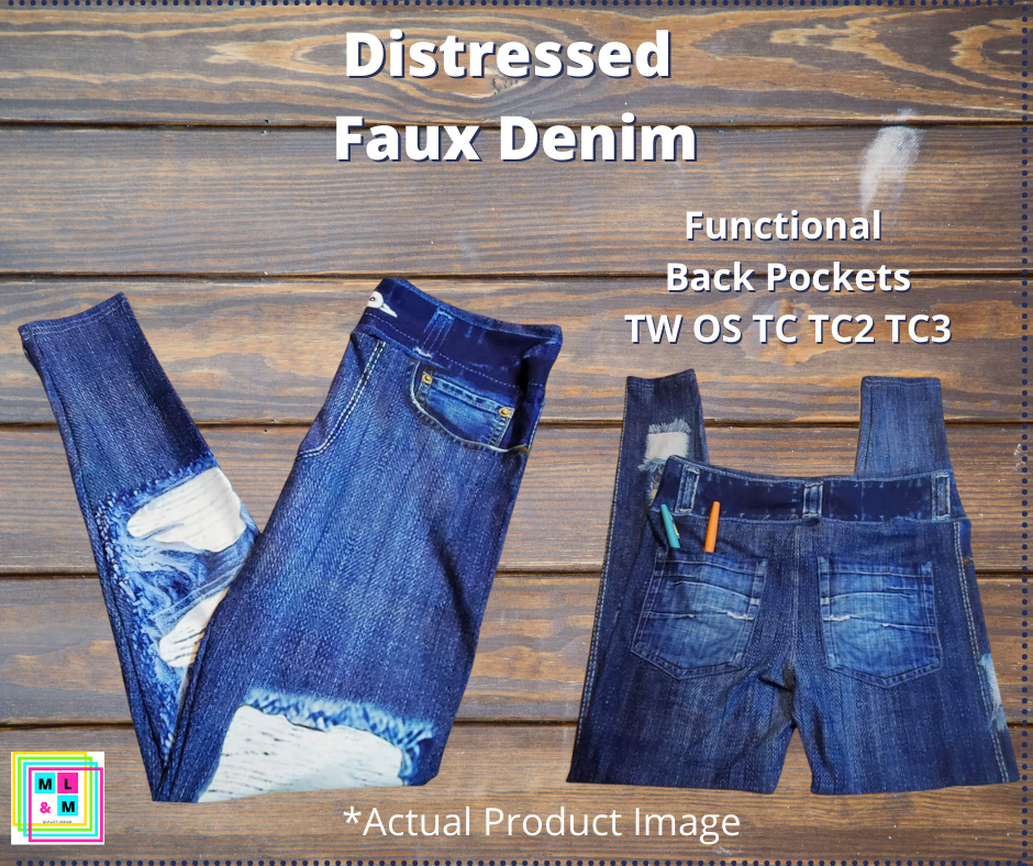 Distressed Faux Denim Peek-a-Boo Full Length-Leggings-Inspired by Justeen-Women's Clothing Boutique in Chicago, Illinois