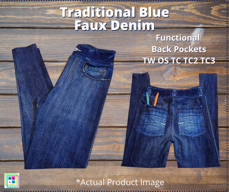 Solid Blue Faux Denim Full Length w/ Pockets-LEGGINGS & CAPRIS-Inspired by Justeen-Women's Clothing Boutique in Chicago, Illinois