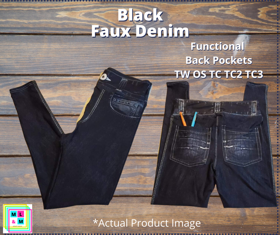 Solid Black Faux Denim Full Length w/ Pockets-LEGGINGS & CAPRIS-Inspired by Justeen-Women's Clothing Boutique in Chicago, Illinois