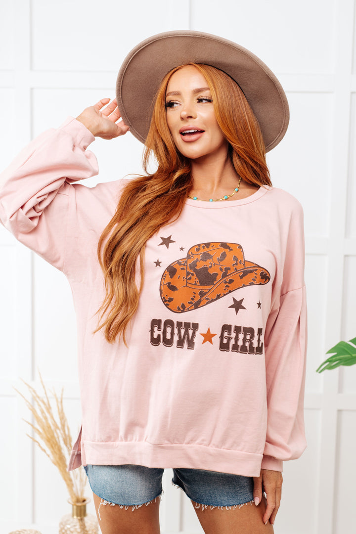 Cow Girl Graphic Pullover in Dusty Pink-Sweaters/Sweatshirts-Inspired by Justeen-Women's Clothing Boutique