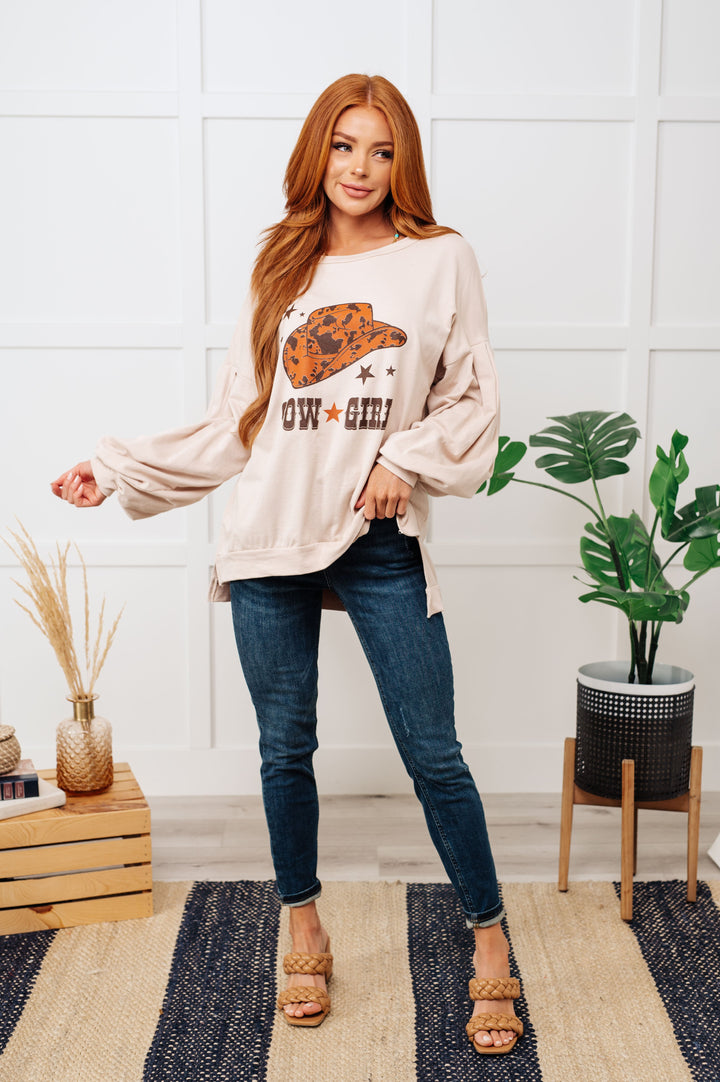 Cow Girl Graphic Pullover in Stone-Sweaters/Sweatshirts-Inspired by Justeen-Women's Clothing Boutique