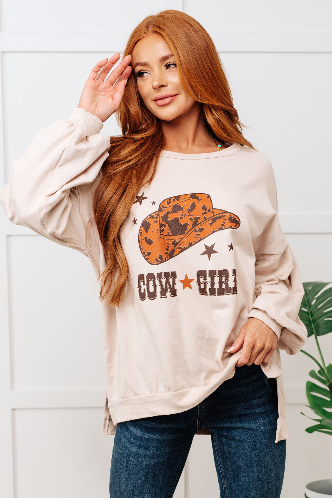 Cow Girl Graphic Pullover in Stone-Sweaters/Sweatshirts-Inspired by Justeen-Women's Clothing Boutique