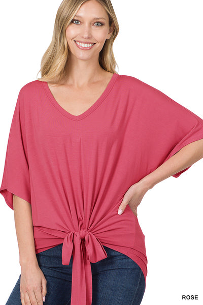 Zenana Lily Luxe Rayon V-Neck Front Tie Top-Short Sleeve Tops-Inspired by Justeen-Women's Clothing Boutique in Chicago, Illinois