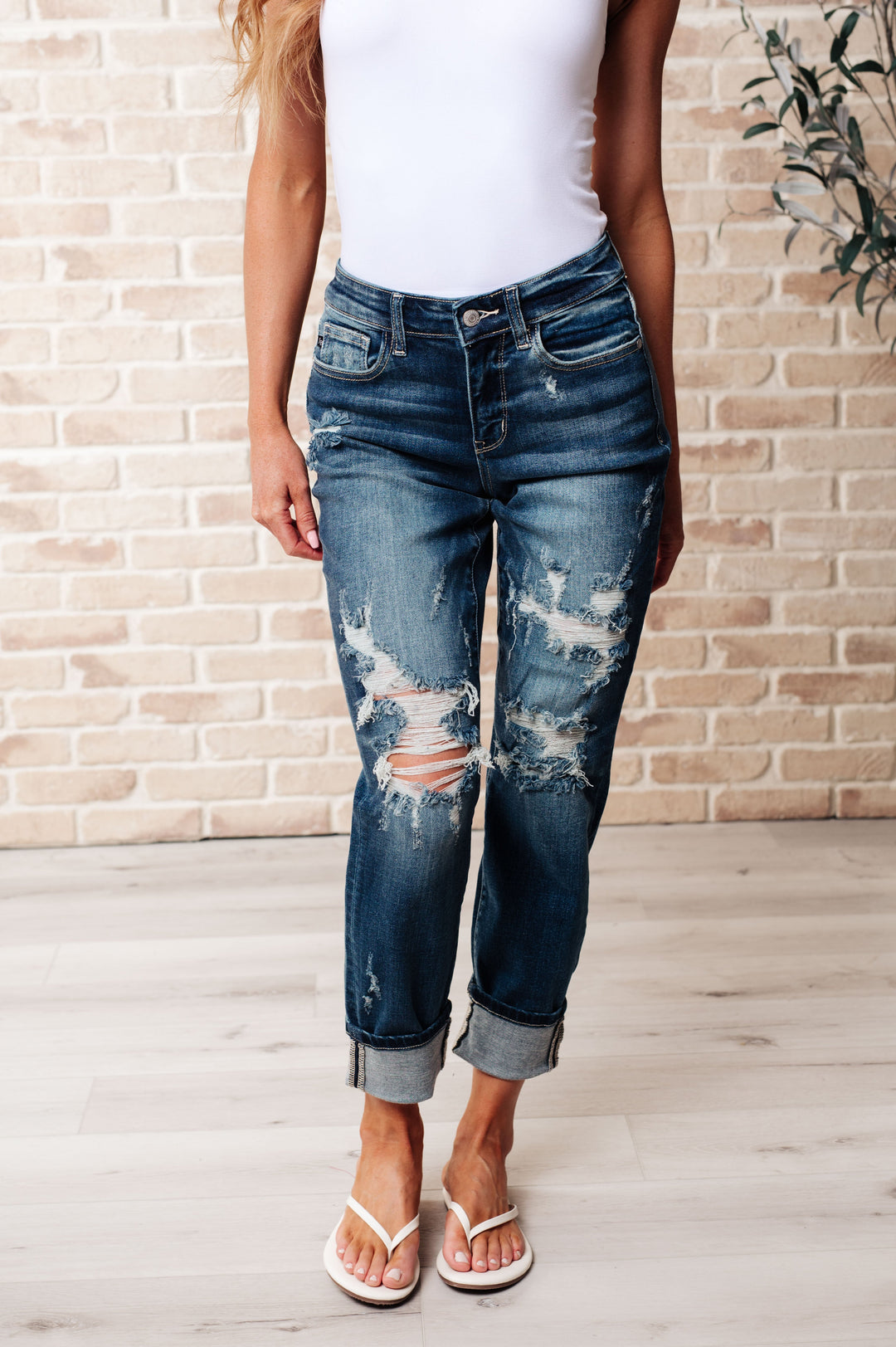 Danny Mid Rise Cuffed Destroyed Boyfriend Jeans-Denim-Inspired by Justeen-Women's Clothing Boutique