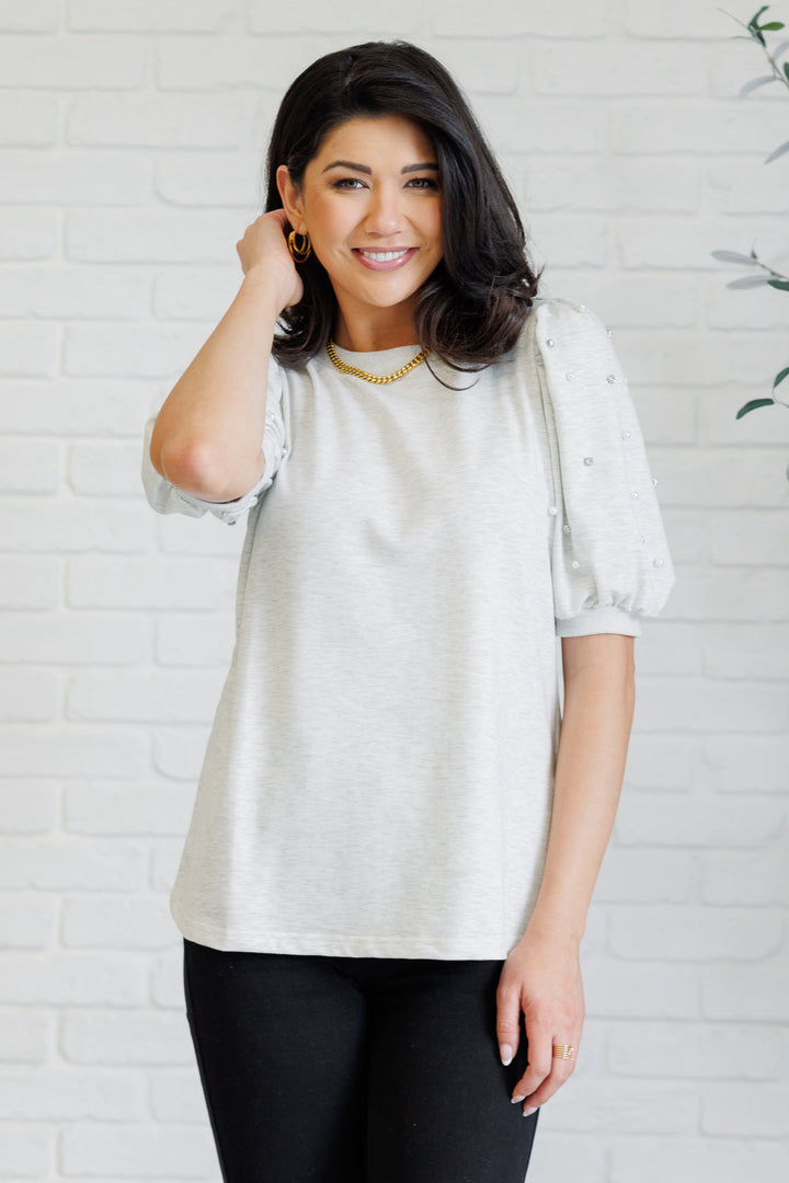 Diamonds and Pearls Puff Sleeve Top in Light Grey-110 Long Sleeve Tops-Inspired by Justeen-Women's Clothing Boutique